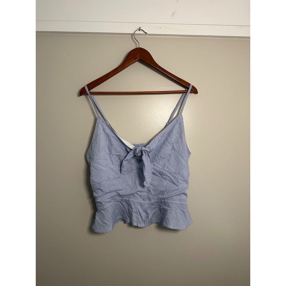Japna Peplum Top Women Large Blue Gingham EUC Tie Front Smocked Cami